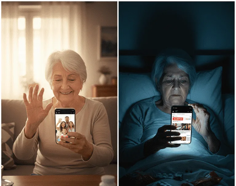 Idosa realizando videochamada pelo celular, promovendo conexão social e saúde mental na terceira idade com apoio da Ágape Sênior.