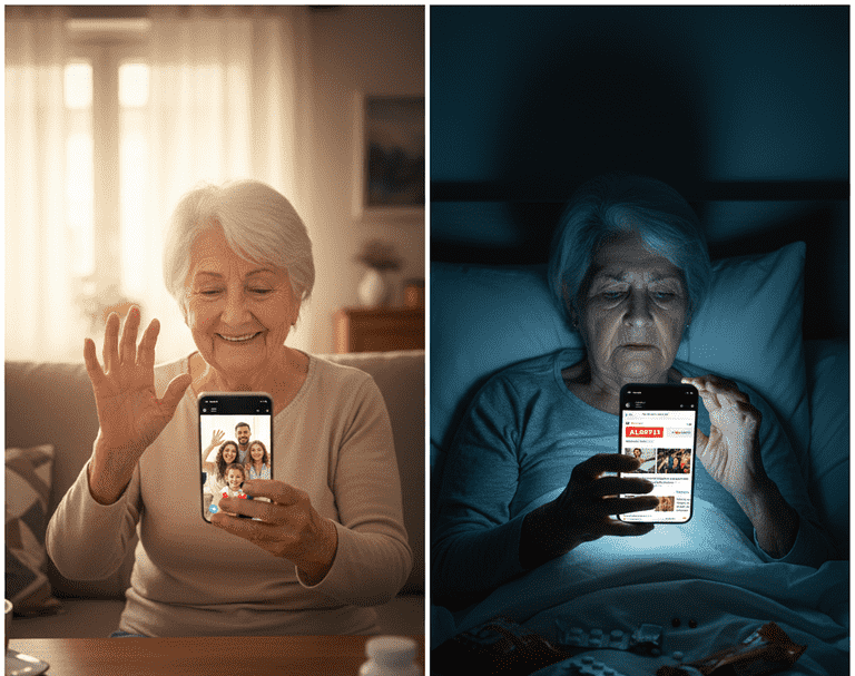 Idosa realizando videochamada pelo celular, promovendo conexão social e saúde mental na terceira idade com apoio da Ágape Sênior.